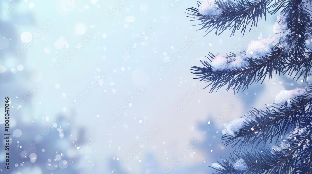 Softly focused winter scene with snowy fir branches, gentle snowfall, blue tones, and bokeh effects, providing ample space for text or graphics. Softly focused winter scene with snowy fir branches, gentle snowfall, blue tones, and bokeh effects, providing ample space for text or graphics.