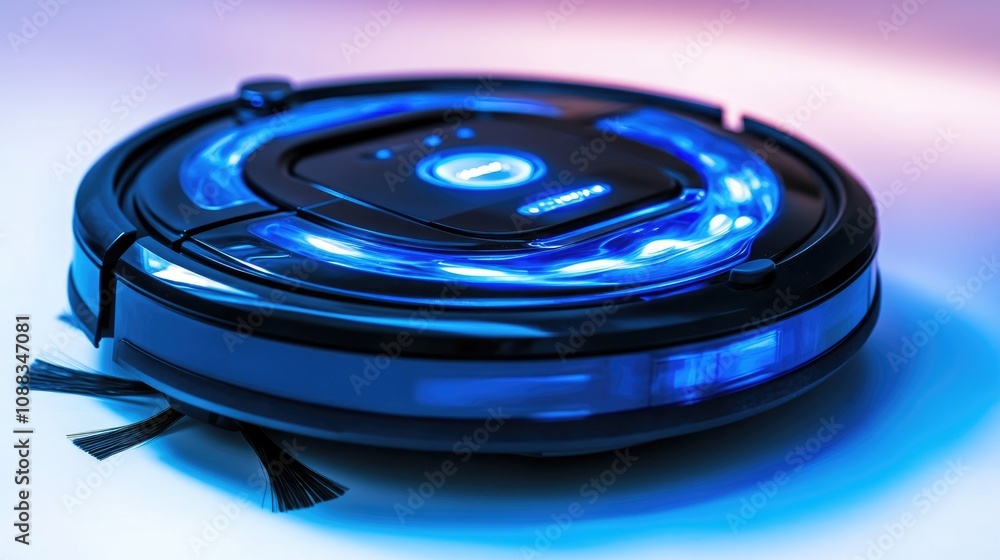 Sleek smart autonomous robot vacuum cleaner featuring blue LED lights, on a minimalistic white background with a round design and side brush. Sleek smart autonomous robot vacuum cleaner featuring blue LED lights, on a minimalistic white background with a round design and side brush.