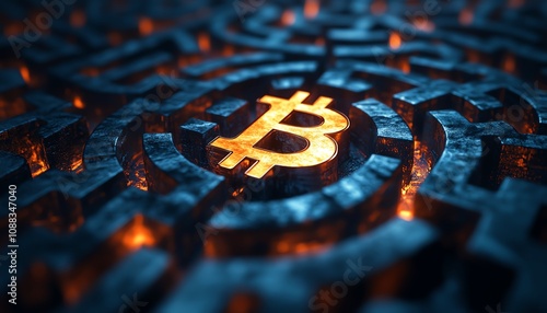 Digital labyrinth of Bitcoin symbols, symbolizing the challenges and excitement of navigating the crypto market, with glowing pathways and futuristic designs photo