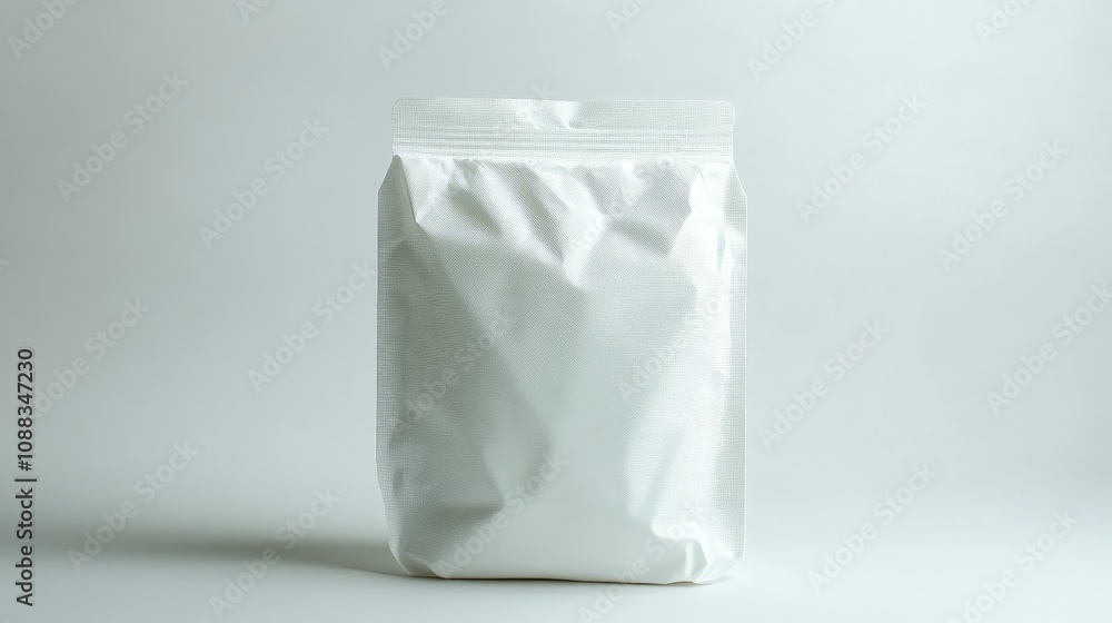 Sleek white doypack on a clean background showcasing versatile and sophisticated packaging design suitable for promotional and marketing applications. Sleek white doypack on a clean background showcasing versatile and sophisticated packaging design suitable for promotional and marketing applications.