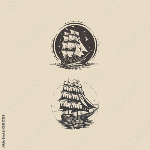 Sailboat vintage engraving logo design vector illustration