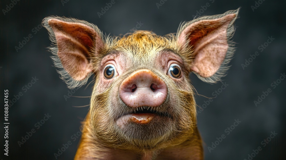 Fototapeta premium Astonished pig with wide, surprised eyes in a studio portrait, showcasing intricate details and a captivating expression on its face.