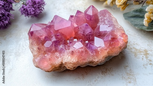 Vibrant Cobaltocalcite crystal cluster in pink hues, showcasing intricate macro details against a textured backdrop with floral accents. photo