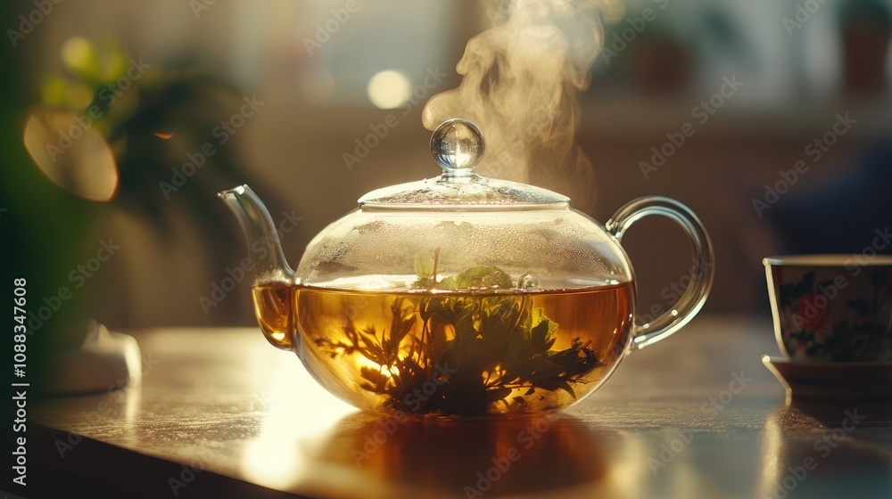 Clear glass teapot brimming with steaming herbal tea, surrounded by warm light, showcasing a tranquil moment of relaxation and aromatic enjoyment.