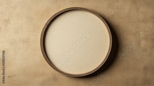 Circular signboard with a textured cardboard border placed on a rustic cardboard background, highlighting a minimalist design and neutral tones.