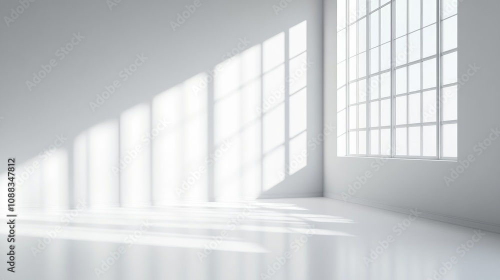 Obraz premium Bright and Airy Minimalist White Room with Large Windows Casting Soft Natural Light, Ideal for Creative Work and Mindfulness Activities