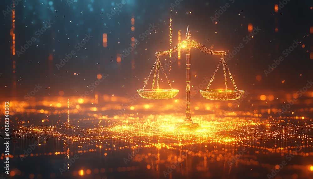Futuristic digital landscape with a glowing balance scale featuring golden accents, representing the harmonious blend of artificial intelligence and legal regulations Futuristic digital landscape with a glowing balance scale featuring golden accents, representing the harmonious blend of artificial intelligence and legal regulations