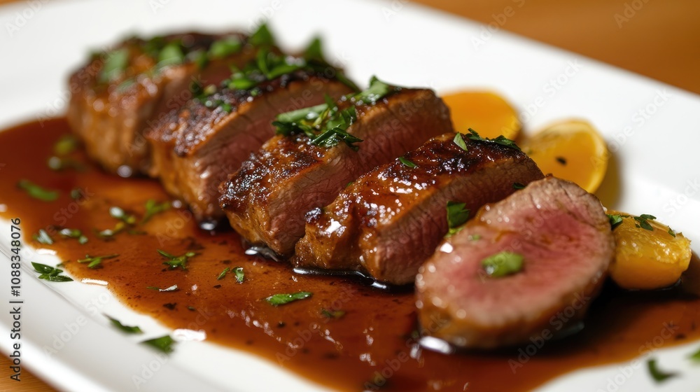 Duck fillet elegantly plated with a citrus sherry reduction and garnished with fresh herbs, featuring a side of vibrant citrus slices. Duck fillet elegantly plated with a citrus sherry reduction and garnished with fresh herbs, featuring a side of vibrant citrus slices.