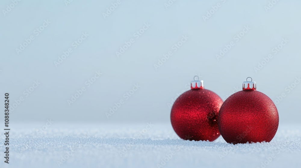 Red Christmas ornaments resting on a snowy surface, creating a festive atmosphere with ample negative space for text placement. Red Christmas ornaments resting on a snowy surface, creating a festive atmosphere with ample negative space for text placement.