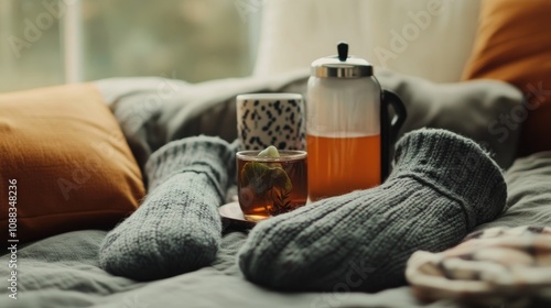 Cozy arrangement featuring warm gray socks, a hot water bottle, and a cup of infused tea on a soft blanket for ultimate comfort and self-care during cold weather. photo