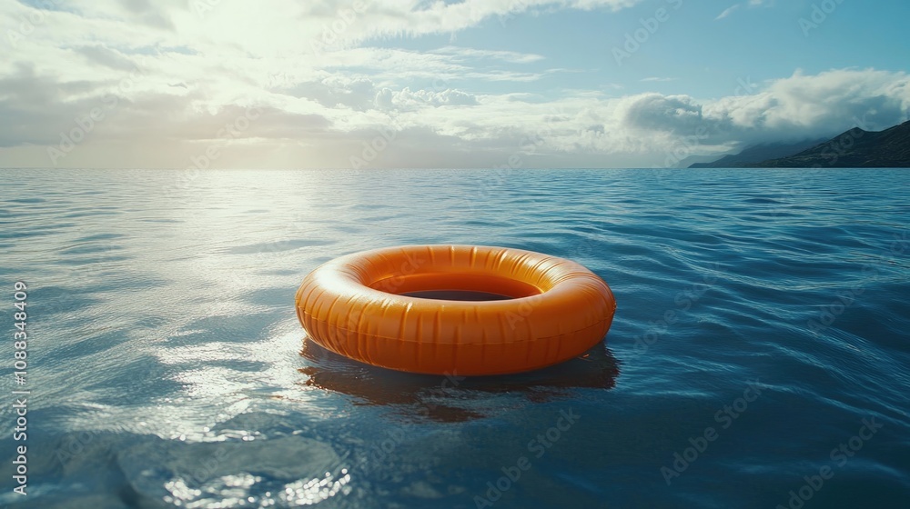 Obraz premium Bright orange inflatable swimming ring floating peacefully on calm water under a serene sky with soft clouds and gentle sunlight.
