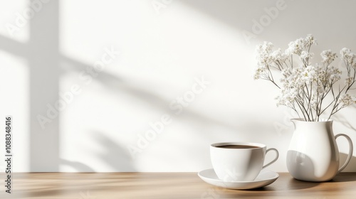 Mockup of a minimalist scene featuring a white coffee cup on a wooden table beside a vase of delicate flowers against a white wall background.