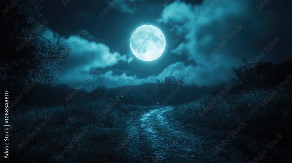 Fototapeta premium Eerie full moon casting a soft glow over a dark path, surrounded by ominous white clouds and shadows of trees in a tranquil night landscape.
