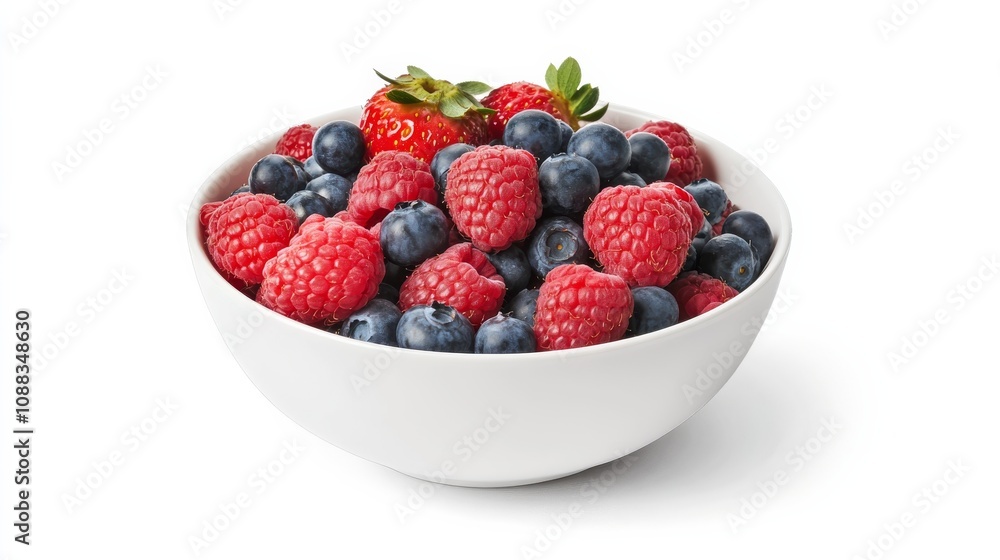 A bowl of vibrant mixed berries, Including succulent raspberries, plump blueberries A bowl of vibrant mixed berries, Including succulent raspberries, plump blueberries