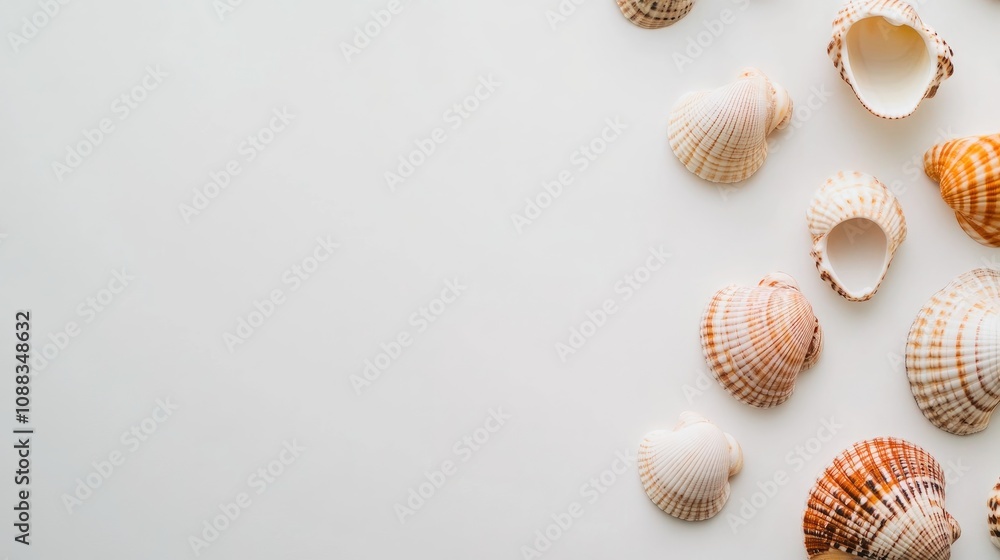 Assorted seashells in varying shades of orange and cream arranged artistically on a smooth white background, creating a serene coastal aesthetic. Assorted seashells in varying shades of orange and cream arranged artistically on a smooth white background, creating a serene coastal aesthetic.