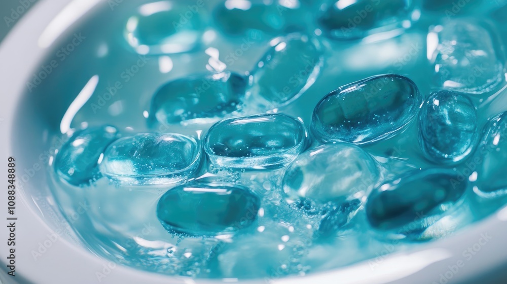 Colorful laundry gel capsules in a white bowl, showcasing their transparent and vibrant blue hues, ready for washing clothes effectively. Colorful laundry gel capsules in a white bowl, showcasing their transparent and vibrant blue hues, ready for washing clothes effectively.