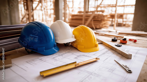 The white, blue and yellow safety helmet stacking on table with the blueprint and measuring tools at construction site for Engineer, foreman and worker  photo