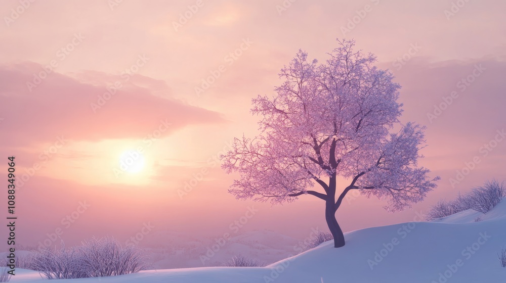 Frosted tree silhouette in a serene winter landscape under a soft morning sky, bathed in gentle sunlight with a snow-covered terrain. Frosted tree silhouette in a serene winter landscape under a soft morning sky, bathed in gentle sunlight with a snow-covered terrain.