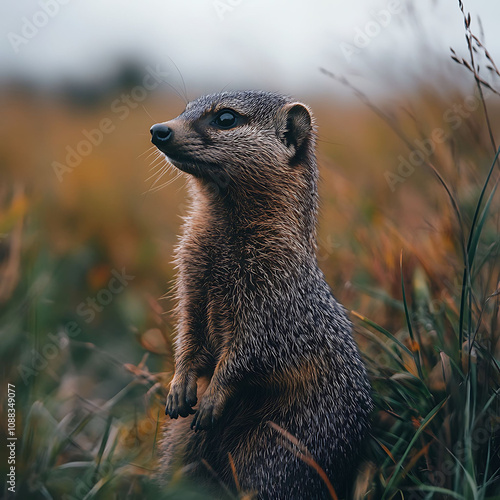 Mongoose observing its surroundings in a natural habitat wild location animal photography grassland environment close-up viewpoint