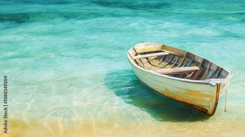 Wooden boat gently floating in clear turquoise waters, nestled against a serene tropical shoreline with soft sandy beach. Wooden boat gently floating in clear turquoise waters, nestled against a serene tropical shoreline with soft sandy beach.