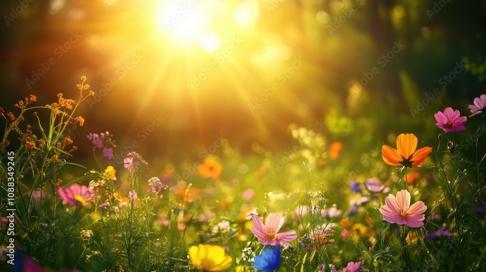 Obraz premium Morning sun illuminating a colorful meadow bursting with wildflowers in vibrant hues, creating a serene and picturesque landscape.
