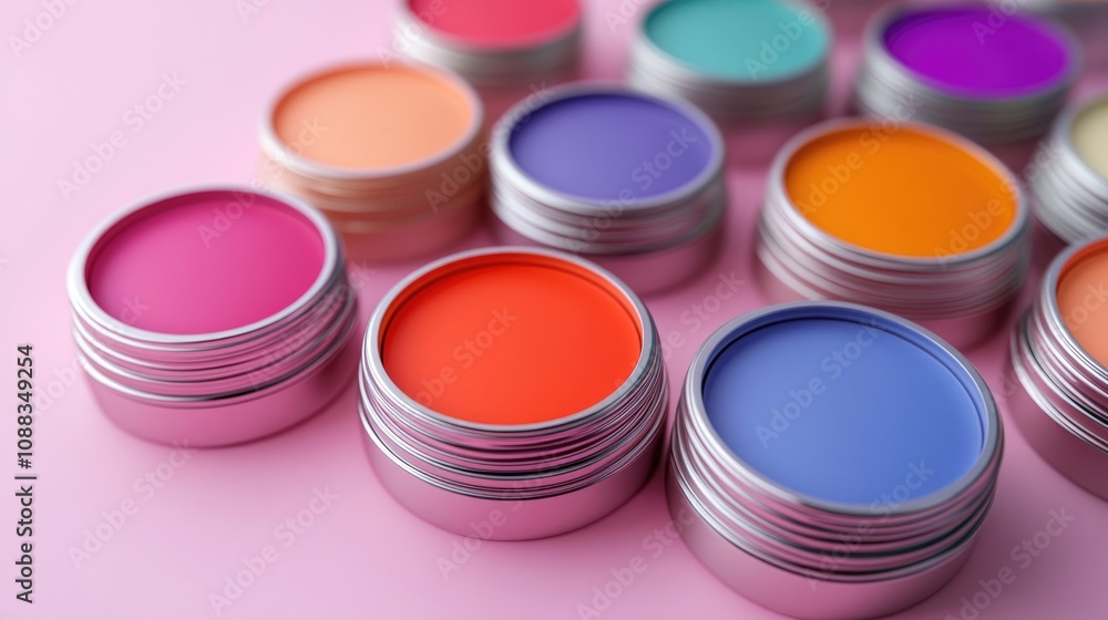 Colorful round tin containers filled with vibrant lip balms arranged artistically on a soft pink background, perfect for mockup presentations. Colorful round tin containers filled with vibrant lip balms arranged artistically on a soft pink background, perfect for mockup presentations.