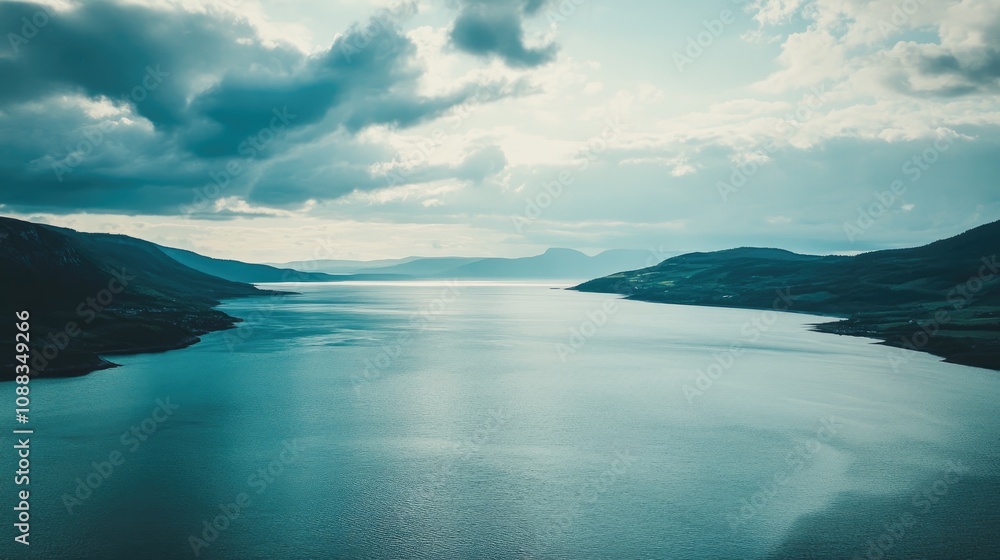 Serene coastal vista featuring tranquil waters surrounded by distant hills under a dramatic cloudy sky. Ideal for nature enthusiasts and landscape lovers. Serene coastal vista featuring tranquil waters surrounded by distant hills under a dramatic cloudy sky. Ideal for nature enthusiasts and landscape lovers.