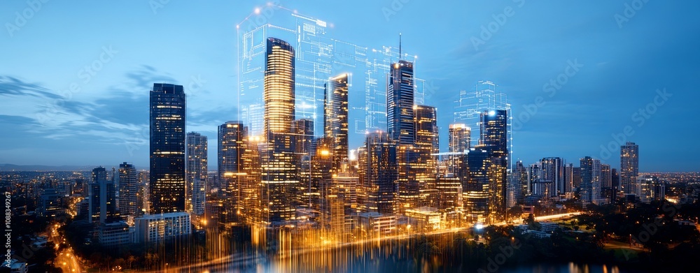 Fototapeta premium Digital Cityscape Blending Lights with Nature