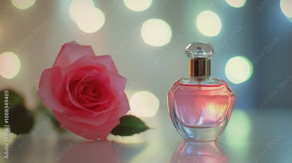 Elegant perfume bottle beside a delicate pink rose on a white table with a dreamy bokeh background, capturing the essence of beauty and fragrance. Elegant perfume bottle beside a delicate pink rose on a white table with a dreamy bokeh background, capturing the essence of beauty and fragrance.