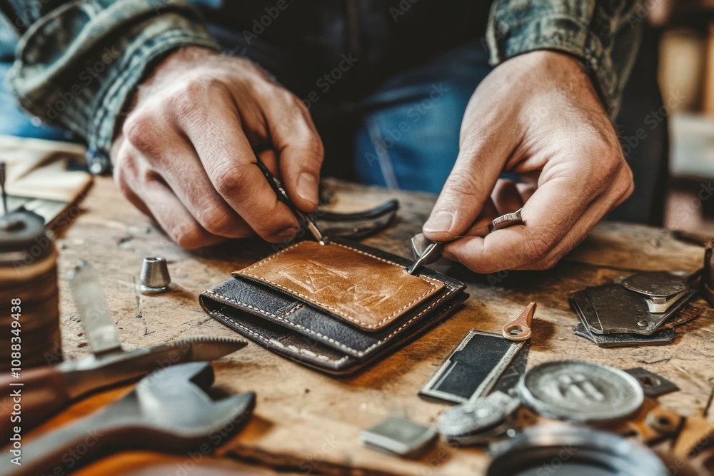 A craftsman works on a leather wallet, surrounded by various tools and materials. A craftsman works on a leather wallet, surrounded by various tools and materials.