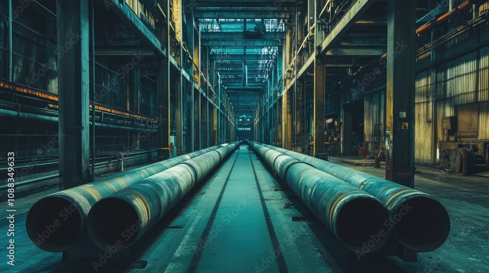 Steel pipes lined up in a dimly lit industrial warehouse, showcasing a vast manufacturing space with towering metal structures and an ambiance of labor. Steel pipes lined up in a dimly lit industrial warehouse, showcasing a vast manufacturing space with towering metal structures and an ambiance of labor.