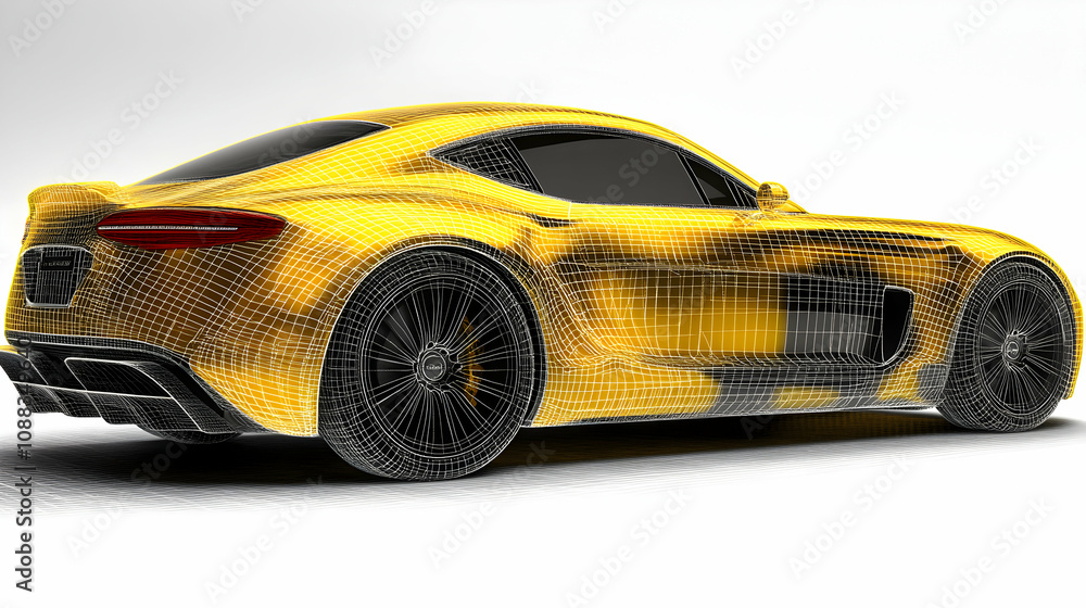 Naklejka premium A 3D Wireframe Model of a Yellow Sports Car Rendered with Detailed Design and a White Background.
