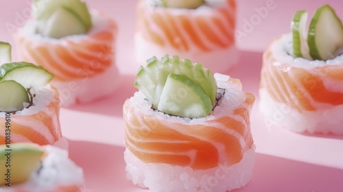 Sushi rolls showcasing vibrant salmon, crisp cucumber, and creamy avocado on a pastel pink background, ideal for design applications.