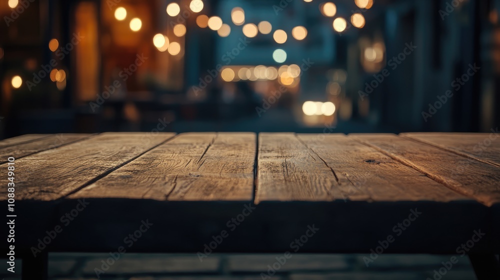 A rustic wooden table set against a softly illuminated backdrop of blurred lights, creating a cozy, inviting ambiance at an outdoor eatery. A rustic wooden table set against a softly illuminated backdrop of blurred lights, creating a cozy, inviting ambiance at an outdoor eatery.