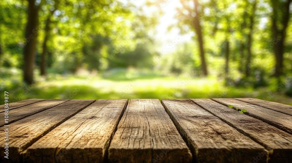 Wooden tabletop in sharp focus with a soft, blurred green garden backdrop, perfect for displaying products or food items in a natural setting. Wooden tabletop in sharp focus with a soft, blurred green garden backdrop, perfect for displaying products or food items in a natural setting.