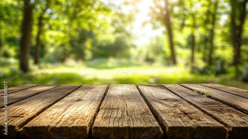 Wooden tabletop in sharp focus with a soft, blurred green garden backdrop, perfect for displaying products or food items in a natural setting.