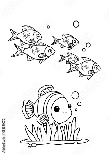 Adorable kawaii clownfish and a school of fish underwater with bubbles. Perfect vector coloring page for kids and ocean-themed activities. photo