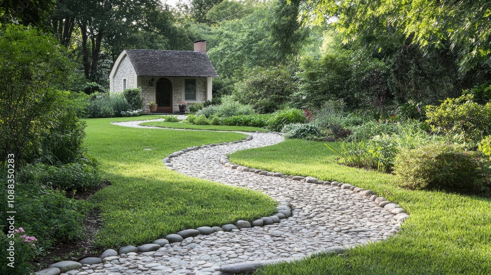 Charming front yard with a meandering stone path winding through lush greenery, leading to a quaint entrance adorned with rustic architecture and vibrant foliage. Charming front yard with a meandering stone path winding through lush greenery, leading to a quaint entrance adorned with rustic architecture and vibrant foliage.