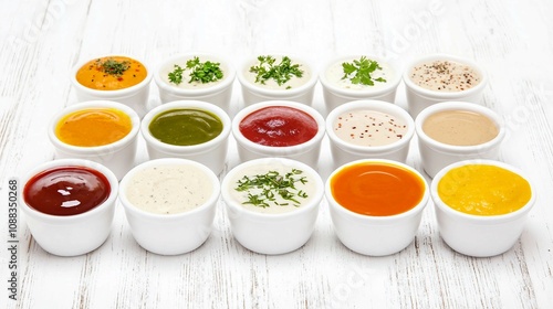 A Colorful Array of Various Sauces and Dips in Small White Bowls on a Rustic Wooden Table, Perfect for Culinary Themes and Food Photography