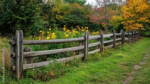 Rustic wooden fence with evenly spaced planks surrounding a vibrant garden of wildflowers and autumn foliage in a lush green landscape.