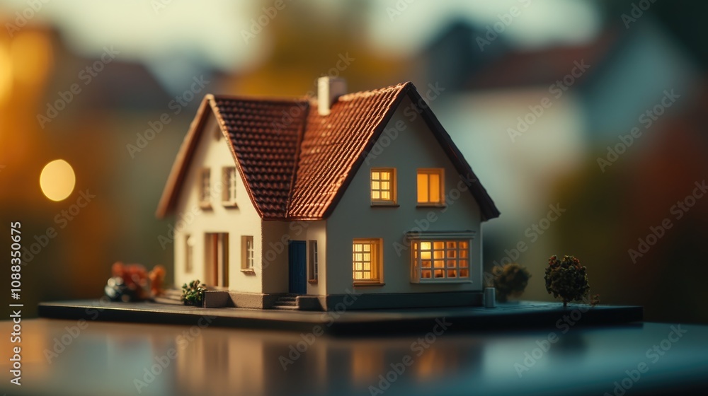 Miniature toy house illuminated at dusk on a table, emphasizing property investment ideas with detailed features and cozy ambiance. Miniature toy house illuminated at dusk on a table, emphasizing property investment ideas with detailed features and cozy ambiance.