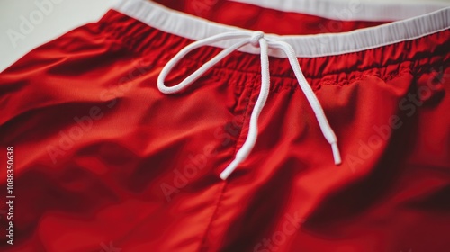 Bright red shorts with a contrasting white drawstring, showcasing a smooth fabric and an adjustable waist for comfort and style. photo