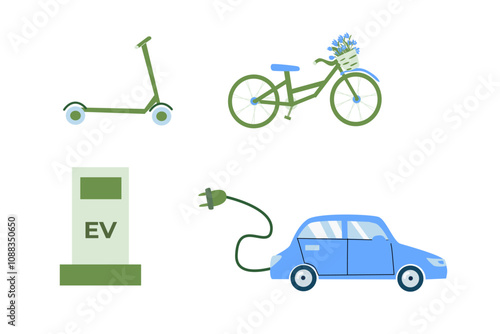 Eco-friendly transportation icons featuring electric car, charging station, bicycle, and scooter.