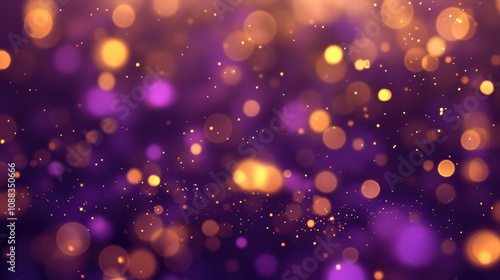 Vivid gold and purple fireworks scattered against a soft bokeh backdrop, providing an abstract holiday theme with spacious areas for text.