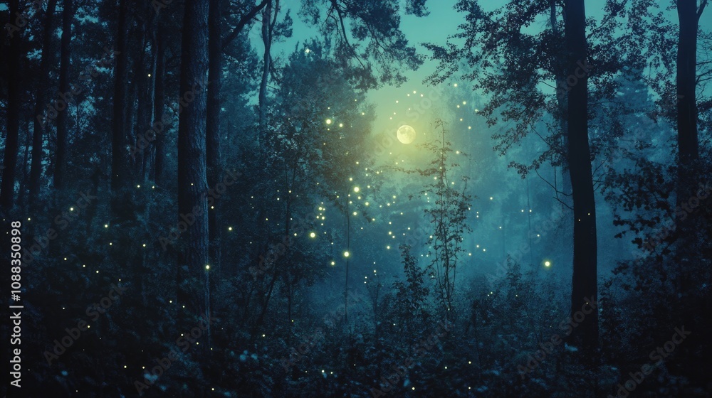 Mysterious nighttime forest illuminated by glowing fireflies under a full moon, surrounded by dense trees and ethereal mist. Mysterious nighttime forest illuminated by glowing fireflies under a full moon, surrounded by dense trees and ethereal mist.