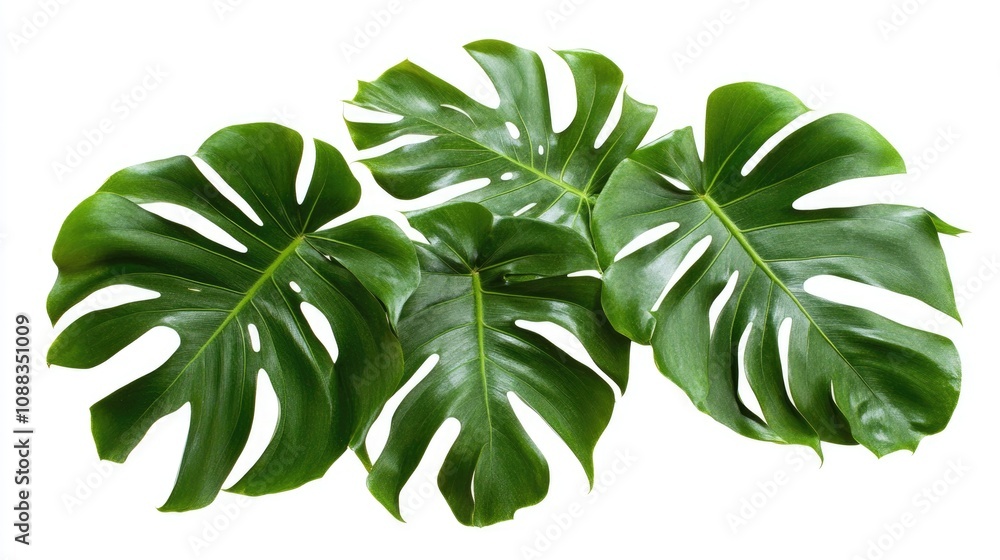 Lush tropical green leaves with distinctive splits and holes, arranged elegantly on a white background, showcasing vibrant nature and organic beauty. Lush tropical green leaves with distinctive splits and holes, arranged elegantly on a white background, showcasing vibrant nature and organic beauty.