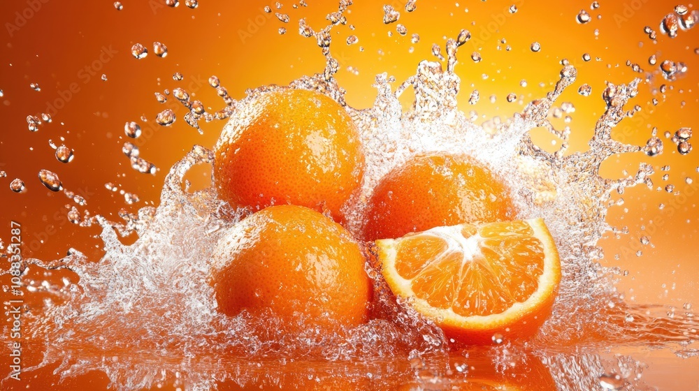 Vibrant image of freshly sliced oranges with water splashing around them against a bright orange backdrop, showcasing juicy freshness and energy. Vibrant image of freshly sliced oranges with water splashing around them against a bright orange backdrop, showcasing juicy freshness and energy.