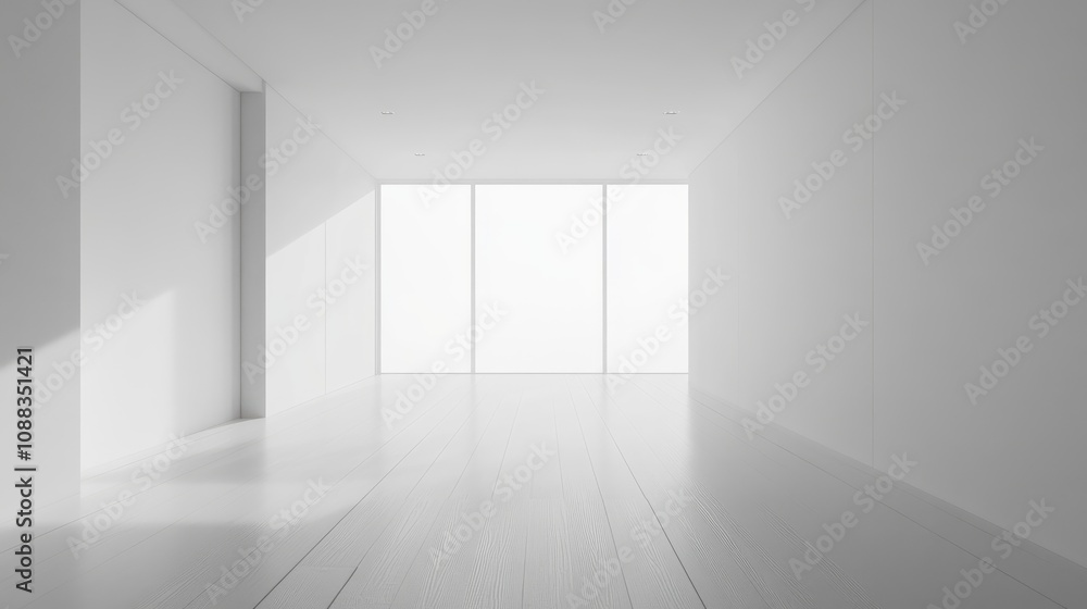 Fototapeta premium Spacious minimalist white room with wooden flooring and a large window, perfect for interior design projects or product presentations.