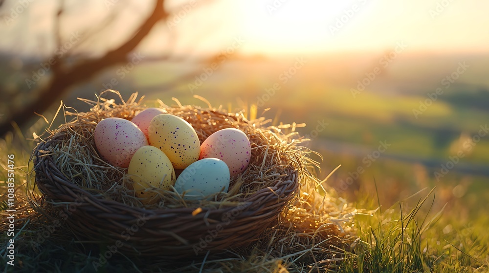 Pastel Easter eggs nestled in hay inside a rustic wicker basket, placed on a grassy hill, sunlit countryside fields in the distance, warm light enhancing the soft colors, photorealistic quality,