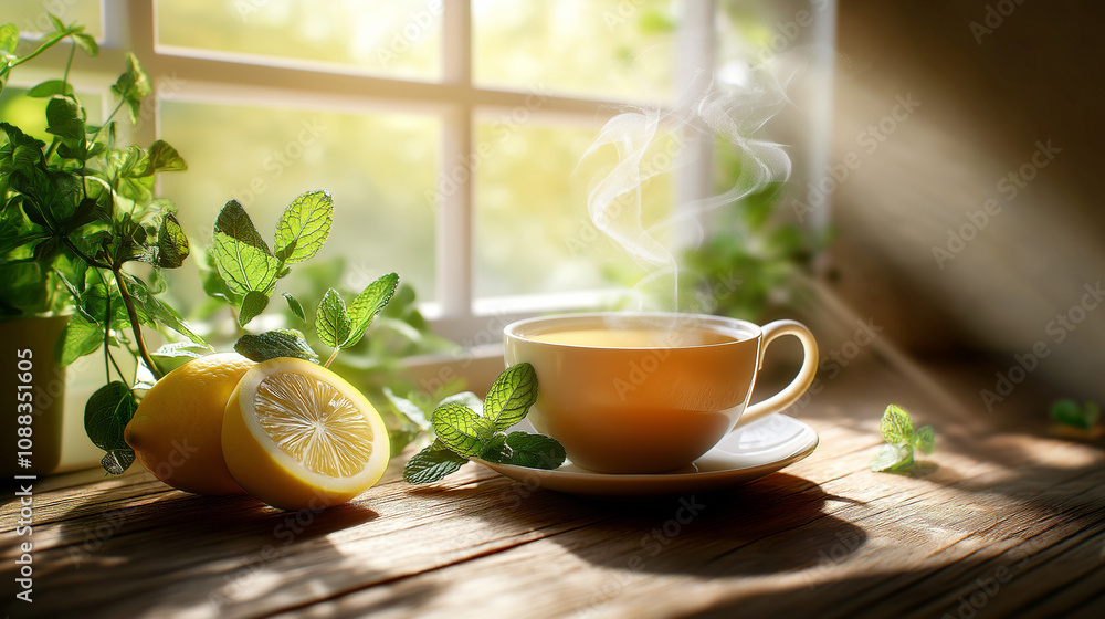 Herbal tea with lemon and mint near a sunny window Herbal tea with lemon and mint near a sunny window